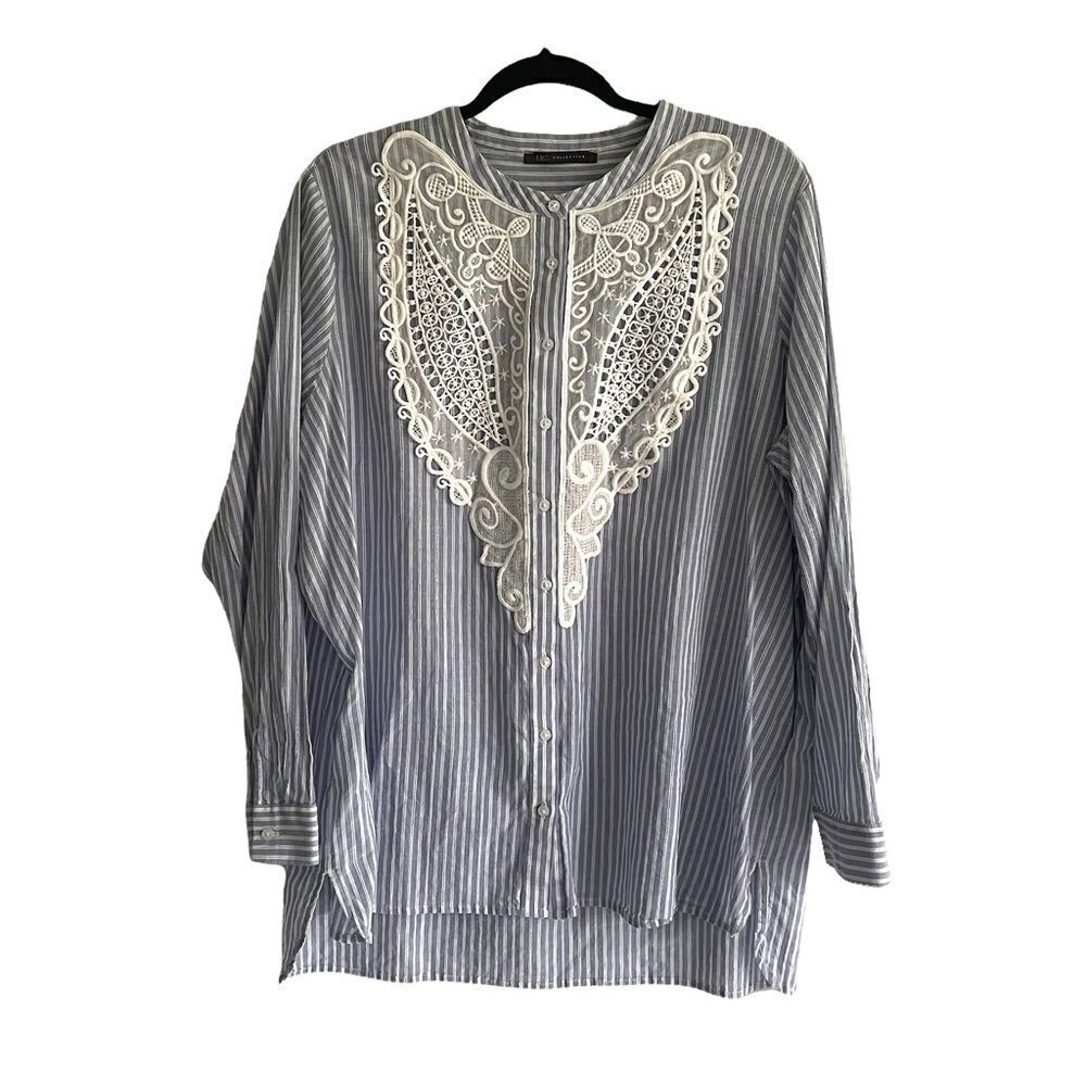 Marks & SPENCER Cotton Striped Button Front Blouse Lace Blue White XL
